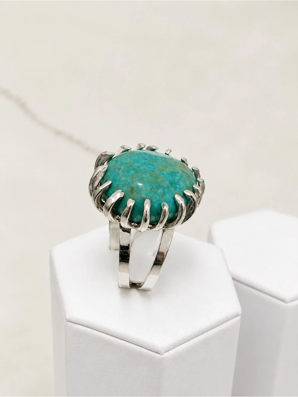 Turquoise Stone Silver Cocktail Ring - Blue Green Cabochon